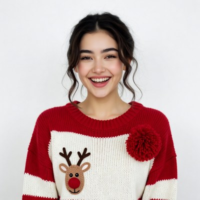 Asian woman in reindeer Christmas sweater