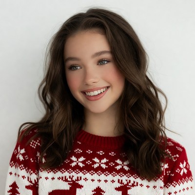 Girl smiling in reindeer Christmas sweater