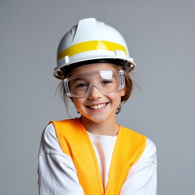 Girl wearing construction helmet and vest