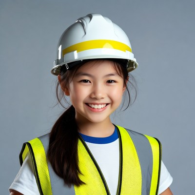 Asian girl wearing hard hat and vest