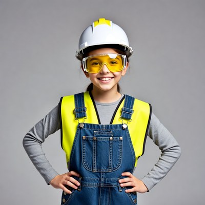 Girl in hard hat and overalls