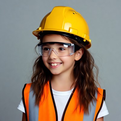 Girl wearing yellow hard hat and vest