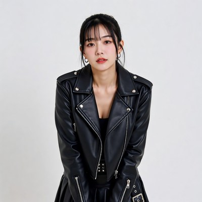 Asian woman in black leather jacket