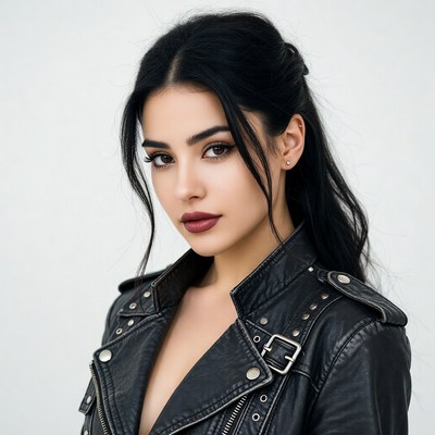 Woman in black leather jacket
