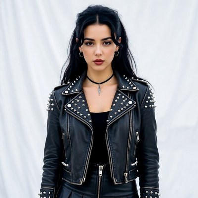 Woman in studded leather jacket