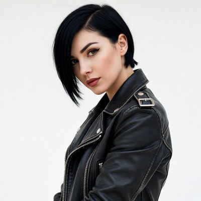Woman with short black hair in leather jacket