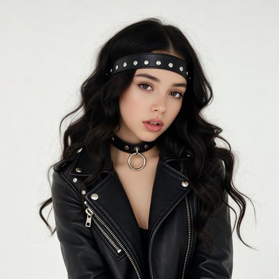 Asian woman in leather jacket headband