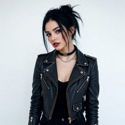 Woman in black leather jacket