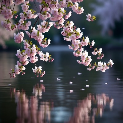 Cherry Blossoms Over Calm Lake