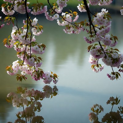 Cherry Blossoms Reflecting in Lake