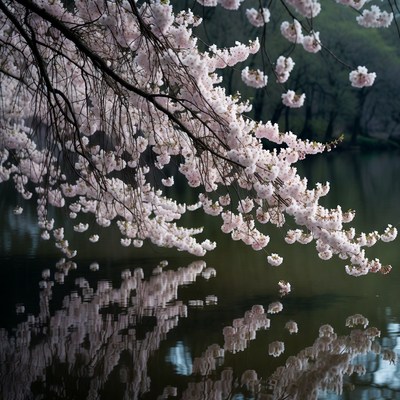 Cherry Blossoms Reflecting in Lake