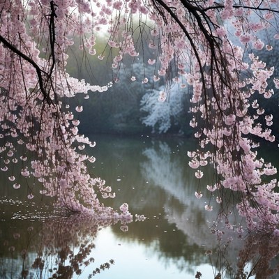 Cherry Blossoms Over Calm Lake