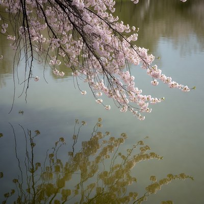 Cherry Blossoms Over Calm Lake