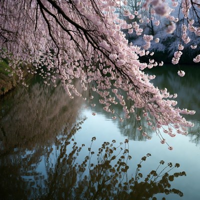Cherry Blossoms Over Calm Lake