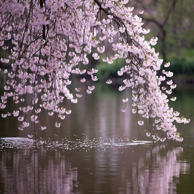 Cherry blossoms over calm lake