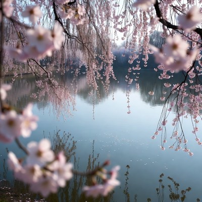 Weeping Cherry Blossoms Over Calm Lake