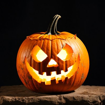 Lit Jack-o-Lantern Pumpkin on Stone
