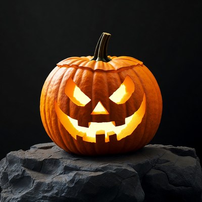 Lit Jack-o'-lantern on Rocks
