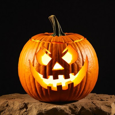 Lit Jack-o'-lantern on rock