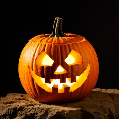 Lit Jack-o'-lantern on rock