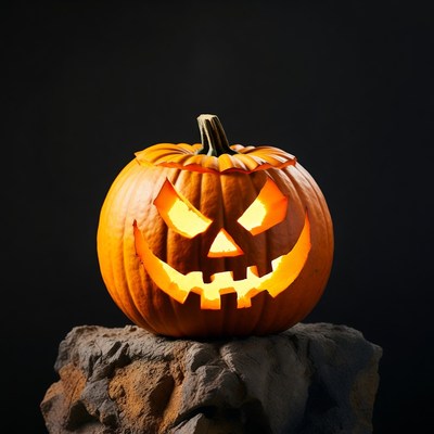 Lit Jack-o'-lantern on rock