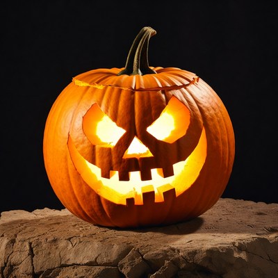 Lit Jack-o'-lantern on rock