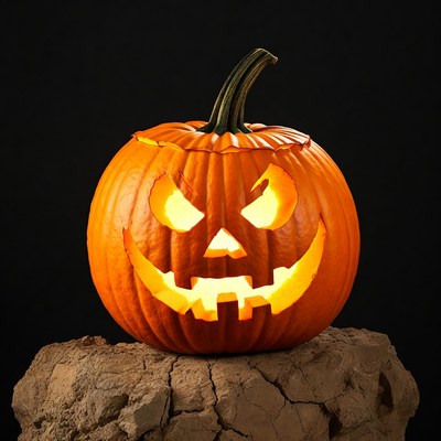 Lit Jack-o'-lantern on rock