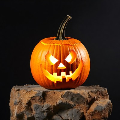 Lit Jack-o'-lantern on rocky pedestal