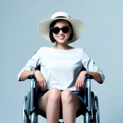Asian woman in wheelchair with hat