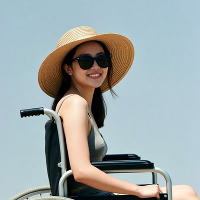 Asian woman in wheelchair with straw hat