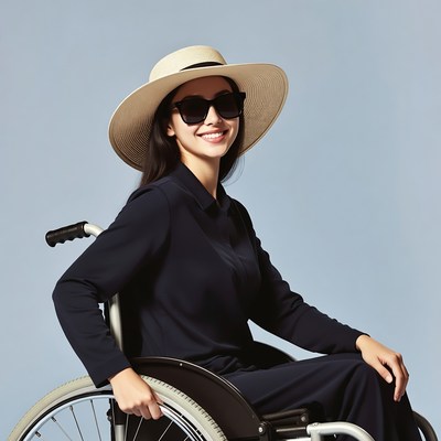 Asian woman in wheelchair with hat