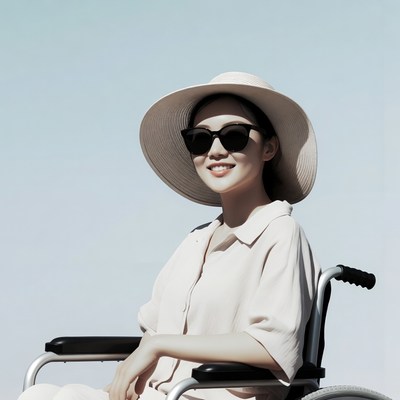 Asian woman in wheelchair wearing hat