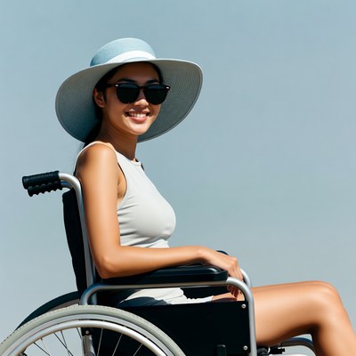 Asian woman in wheelchair with hat