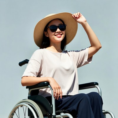 Asian woman in wheelchair wearing sun hat