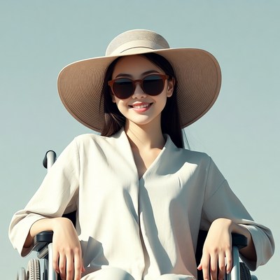 Asian woman in wheelchair wearing wide hat