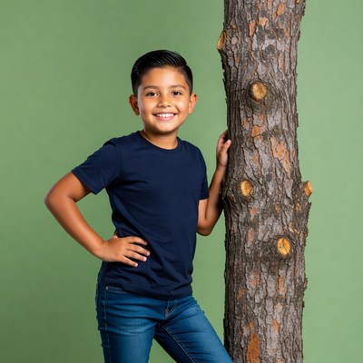 Smiling Latino boy leaning on tree