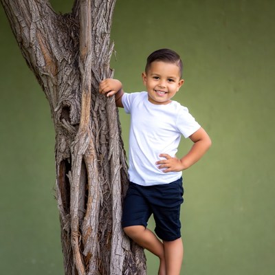 Boy smiling by tree
