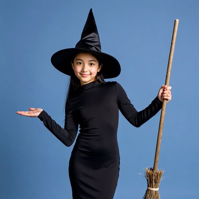 Girl in witch costume with broom