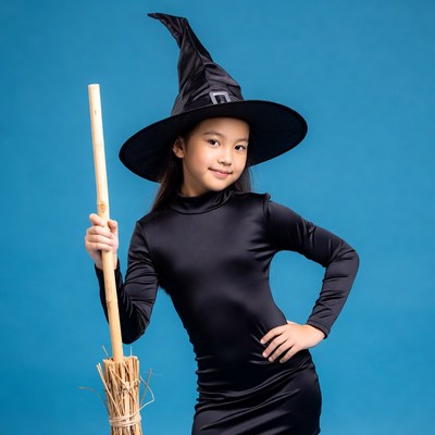 Asian girl in witch costume with broom