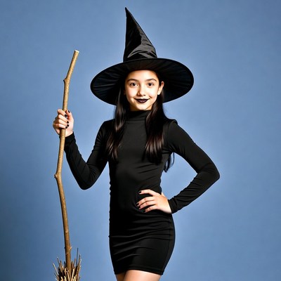 Girl in witch costume with broom