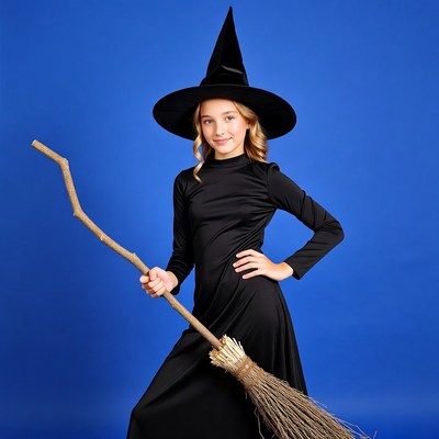 Girl in witch costume with broom