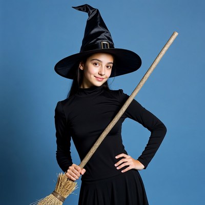Young woman in witch costume with broom