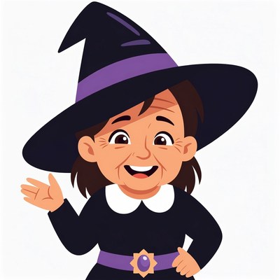 Cartoon girl waving in witch costume