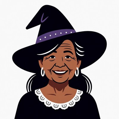 Elderly Asian woman in witch hat