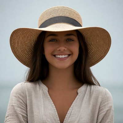 Smiling woman wearing wide-brim straw hat