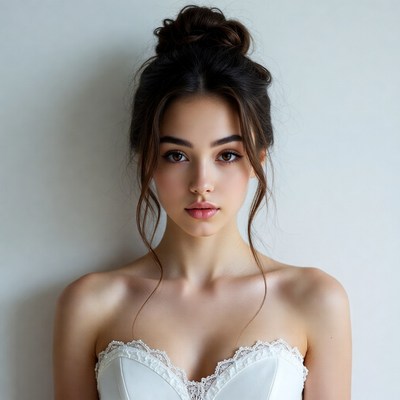 Woman in lace strapless wedding dress