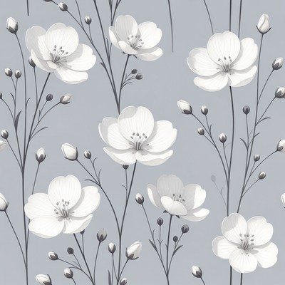 White Flowers on Gray Seamless Pattern