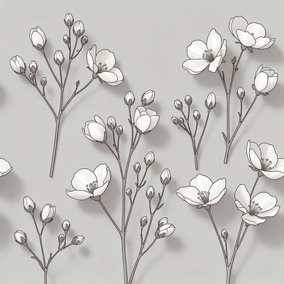 White Blossom Flowers on Gray Background
