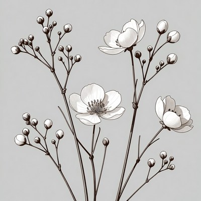 White Flowers with Buds Illustration