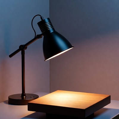 Black Desk Lamp Illuminating Wooden Table